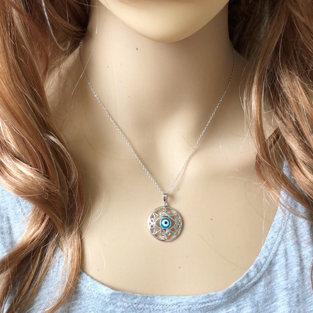 925 Sterling Silver Outline Disc Evil Eye Necklace